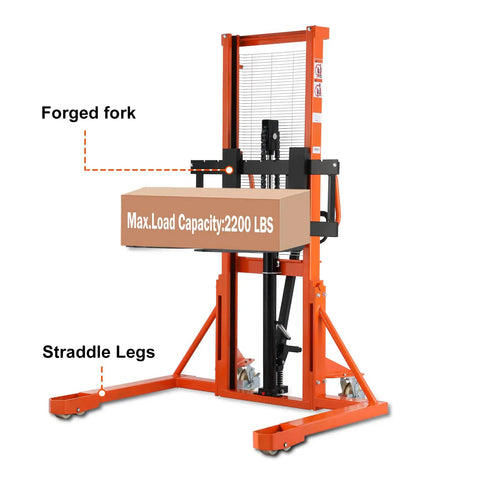 Manual Pallet Stacker With Straddle Legs And Adjustable Forks, 63 Inch Lift Height, 2200 Lb Capacity, Foot Or Handle Operated