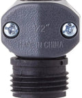 Close-up of Half Inch Garden Hose Male Coupling With Poly End Mender, beefy stainless steel screws, heavy duty repair fitting.