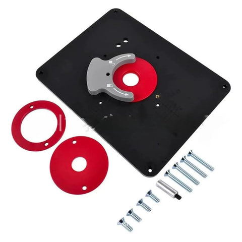 Universally Compatible Router Table Insert Plate Set With Pre Drilled Holes For Quick Installation, black metal plate and accessories