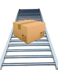 Heavy Duty 33ft Folding Conveyor Belt With Galvanized Steel Unloading Rollers For Super Efficient Freight Loading And Unloading Plus Portable Durable Equipment To Handle Big Jobs Smoothly with cardboard box on rollers.
