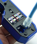 Mengkkk Heavy Duty Rj45 Crimping Tool With Built In Wire stripper And Cutter, blue color, connecting an Ethernet cable.
