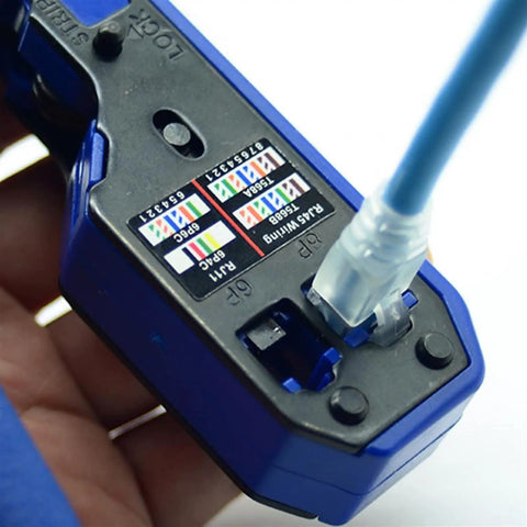 Mengkkk Heavy Duty Rj45 Crimping Tool With Built In Wire stripper And Cutter, blue color, connecting an Ethernet cable.
