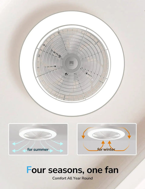 Super Quiet Low Profile Ceiling Fan With Lights And Hassle Free Smart Remote Space Saving Flush Mount Fixtures For Bedroom Living Room Top Shelf White Design With Smooth Dc Motor with summer and winter airflow options.