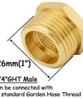 Brass garden hose adapter, 3/4 GHT male to 3/8 NPT female, hexagonal body.