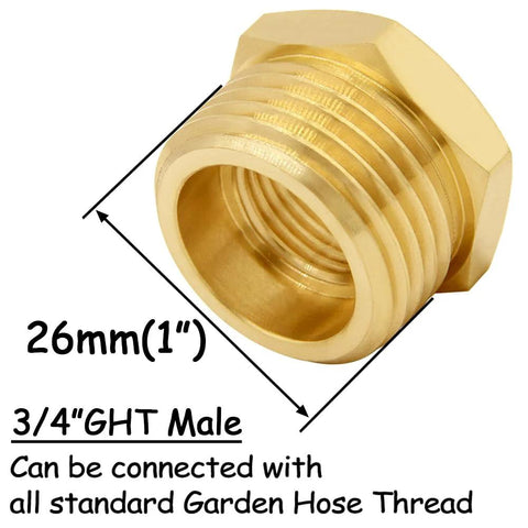 Brass garden hose adapter, 3/4 GHT male to 3/8 NPT female, hexagonal body.