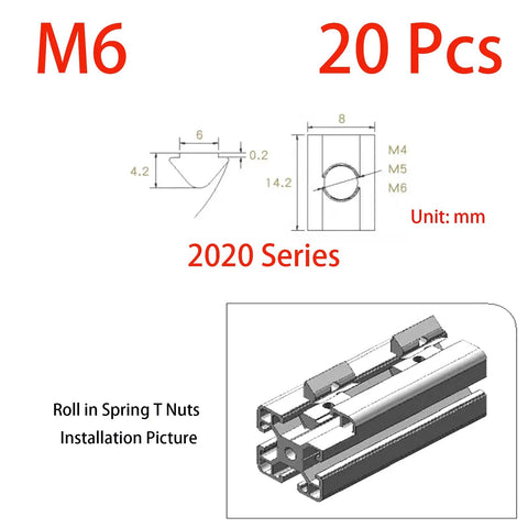 M6 Spring T Nuts For 2020 Series Aluminum Extrusion With Rolling Cam Slide Lock Nut Nickel Plated Carbon Steel diagram with dimensions