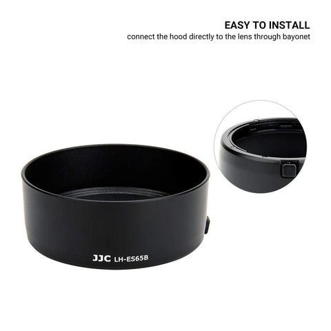 Must Have Reversible ES-65B Lens Hood For RF 50mm F1.8 STM On EOS R6 R5 RP R Cameras, Quick Bayonet Fit shown in close-up view