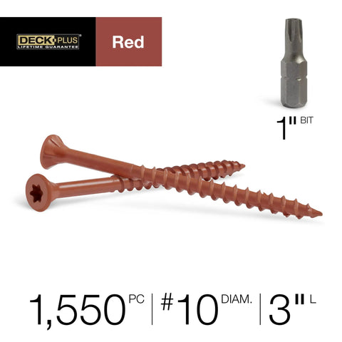 3 Inch Epoxy Coated Exterior Wood And Fence Screws Size 10 By 3 Torx Drive Self Drilling Point, two screws and bit, red