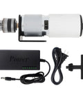 Rock Solid 775 Dc Motor Table Drill With B10 Chuck And Adjustable Speed Controller, motor, power supply, and tools.