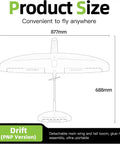 Size diagram of Drift FPV RC Airplane For Adults, Ultra Lightweight Sub 250g PNP Drone Plane With 870mm Wingspan, White.
