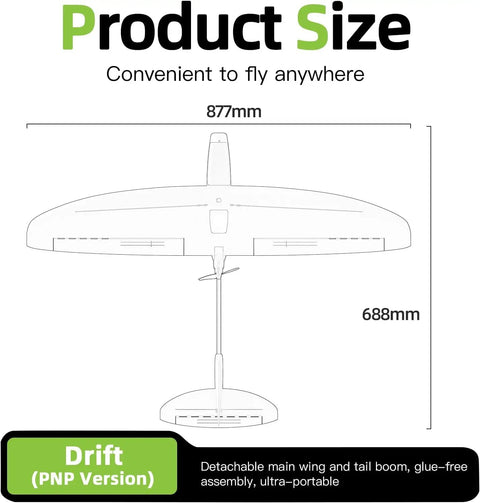 Size diagram of Drift FPV RC Airplane For Adults, Ultra Lightweight Sub 250g PNP Drone Plane With 870mm Wingspan, White.