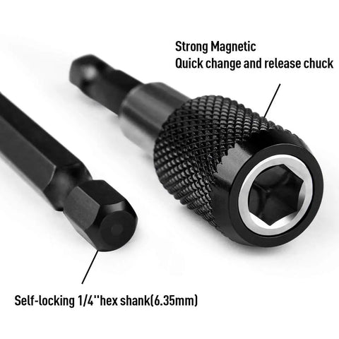 Close-up of Three Piece Magnetic Quick Release Bar Socket Screwdriver Bit Holder Set With One Quarter Inch Hex Shank Magnetic Extension Chuck.