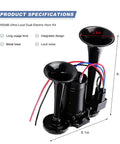 12V Dual Trumpet Air Horn Kit 120 Decibel Super Loud Noise Heavy Duty Compressor in matte black, dual trumpet design, 8.5in tall.