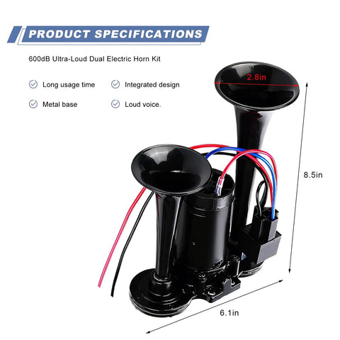 12V Dual Trumpet Air Horn Kit 120 Decibel Super Loud Noise Heavy Duty Compressor in matte black, dual trumpet design, 8.5in tall.