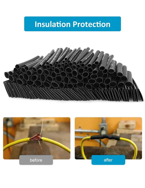 Heat Shrink Tubing Kit 650 Pieces Black 2 To 1 Shrink Ratio Wire Wrap Set For Electrical Cables shown in insulation usage before and after