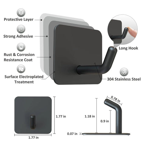 Diagram of Heavy Duty Shower Wall Adhesive Hooks 304 Stainless Steel Matte Black Waterproof Stick On Mounts, size dimensions and features.