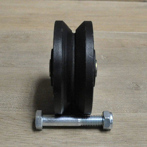 4-inch V-groove cast-iron gate caster wheel with mounting bolt and nuts