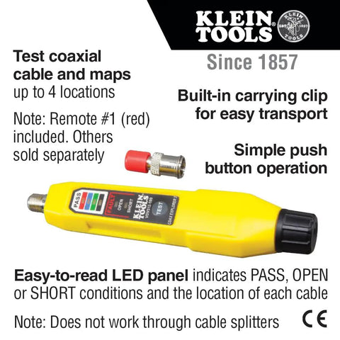 Coax Explorer 2 VDV Cable Tester with LED panel and red remote, branded packaging, showcases push button for tracing and mapping.