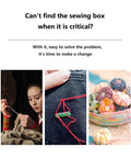 Collage of a person sewing, red thread stitching on fabric, and colorful thread balls in a basket.
