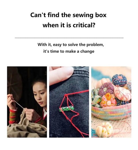 Collage of a person sewing, red thread stitching on fabric, and colorful thread balls in a basket.
