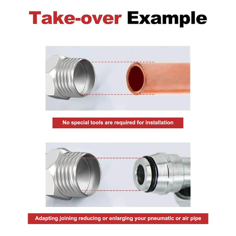 Two Pack M14 To M16 Carbon Steel Hydraulic Hose Fittings Adapters For Mini Excavator Beefy Heavy Duty Straight Thread Connector BSP Male Compatible With AGT FF Industries VICSEC Miva Machpro TPM showing no-tool installation example with pneumatic or air pipe connection.
