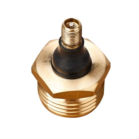 Close-up of Brass Blow Out Plug For RVs, Boats, Campers And Travel Trailers, No Fuss Quick Connect Garden Hose Adapter