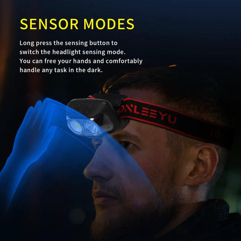 Rechargeable LED Headlamp With Motion Sensor, 5 Modes, Hands Free Headlight shown on person with hand gesture