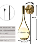 Plug In Wall Sconces Set Of 2 Modern Mid Century Gold Brushed Brass Glass Globe Wall Lamps with dimensions and materials shown
