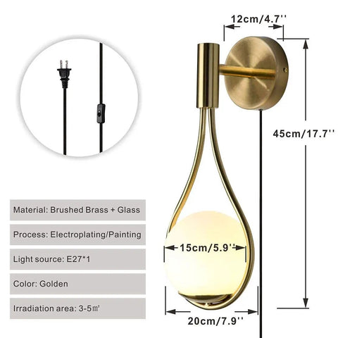 Plug In Wall Sconces Set Of 2 Modern Mid Century Gold Brushed Brass Glass Globe Wall Lamps with dimensions and materials shown