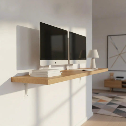 Floating desk supported by Beefy Q235 Steel Triangular Bracket For Floating Desks And Wall Shelves Black Or White 1 Unit