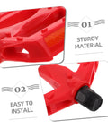 Close-up of red 2 Pack Mountain Bike Pedals For Kids And Adults, Comfy, Grippy, Stable Bike Pedals showing sturdy material and easy installation.