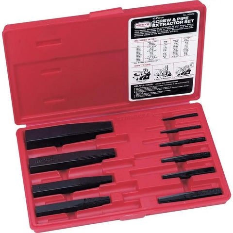 10 Piece Red Screw Extractor Set For Removing Broken Screws And Bolts Drill Bit Size Marked Tap Holder Or Wrench Ready Heavy Duty Standard Ideal For Pipes Fittings And Stripped Threads in red case