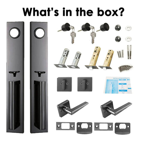 Double Door Handle Set With Deadbolt And Lever For Front Doors Keyed Alike Cylinders Right And Left Handed Heavy Duty Pewter Black Used With Scratches Includes One Keyed Entry Handle And One Dummy Nonlocking Handle showing components.