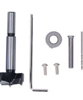 35mm hinge hole saw drilling jig set with blue ABS body, includes drill bit, hex key, screws and guide bushing.