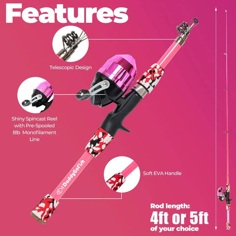 Kids Fishing Pole And Reel Combo Starter Set With Tackle Box And Carry Bag, Portable Telescopic Rod, Pre Spooled 8Lb Line, Pink 5ft