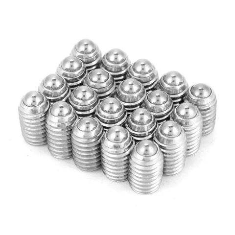 20 Pack Heavy-Duty M8 Spring Ball Plungers, Slick Stainless Steel Hex Socket Inserts arranged on a surface.
