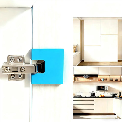 Magnetic Door Hinge Jig for No Drill Needed Installations, Quick Align Guide on cabinet, adjustable hinge placement, efficient DIY use.