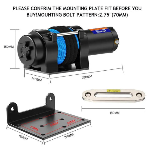 12V 4500lb Electric Winch With Synthetic Rope, ATV UTV Tow Winch Kit, dimensions and mounting bracket details