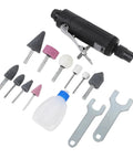 Real Deal Pneumatic Die Grinder Kit With Quarter Inch Chuck Aluminum Build And Comfortable Silicone Grip For Low Vibration Shop Work Smooth Operation On Auto Panels And Metal Fabrication Tasks, showing die grinder, grinding heads, and accessories.