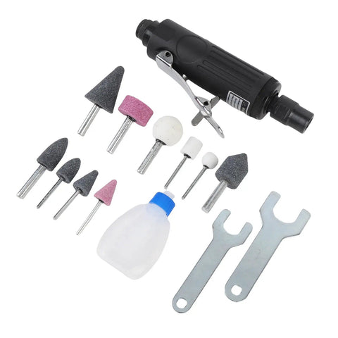 Real Deal Pneumatic Die Grinder Kit With Quarter Inch Chuck Aluminum Build And Comfortable Silicone Grip For Low Vibration Shop Work Smooth Operation On Auto Panels And Metal Fabrication Tasks, showing die grinder, grinding heads, and accessories.