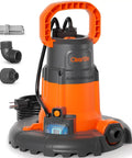 Smart Auto Pool Cover Pump Quarter HP 2160 GPH With Auto On Off Freeze Protection, orange and black pump with accessories, 25-foot cord