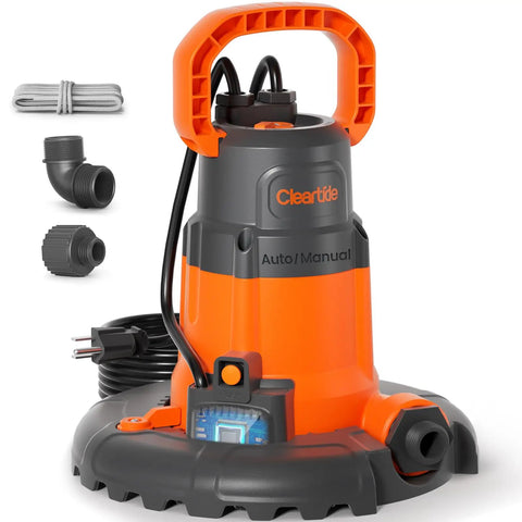 Smart Auto Pool Cover Pump Quarter HP 2160 GPH With Auto On Off Freeze Protection, orange and black pump with accessories, 25-foot cord