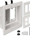 Recessed Outlet Box For Wall Mount TV Two Gang Electrical Box With Duplex And Decorator Style Covers Ideal Construction And Retrofit Projects Providing Flush Mount Design To Hide Cables And Keep Equipment Sockets Accessible For Clean Cord Control white plastic recessed TV outlet box with covers and screws