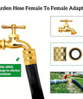 Beefed Up Three Quarter Inch Garden Hose Adapter Set with closeup of female to female brass connector and installation