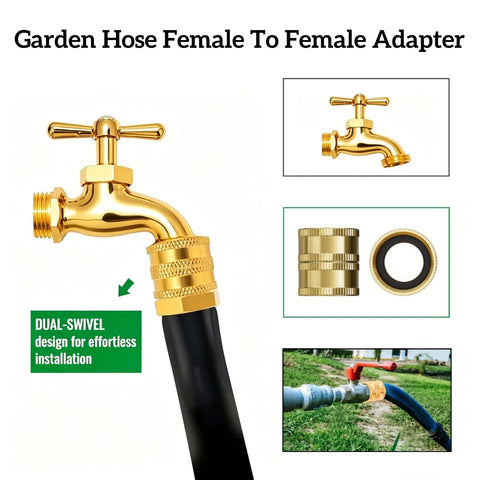 Beefed Up Three Quarter Inch Garden Hose Adapter Set with closeup of female to female brass connector and installation