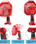 Red Cordless Jobsite Fan With LED Light And Remote Control 18V Battery Powered 3 Speed 4 Hour Timer Quiet Portable Fan