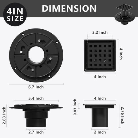 Dimensions of Slick Top Shelf Four Inch Square Shower Drain With Solid Stainless Steel Frame and Removable Hair Catcher.