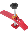 Heavy Duty Woodworking T Track Hold Down Clamp Adjust Chute Aluminum Alloy Tool for Workbench Router Table And Saw CNC Fixturing close-up view with red handle.