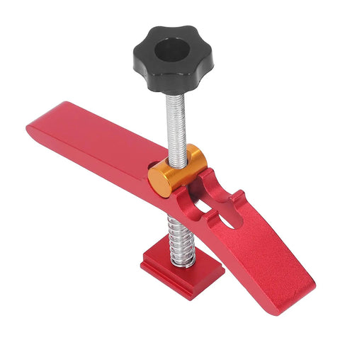 Heavy Duty Woodworking T Track Hold Down Clamp Adjust Chute Aluminum Alloy Tool for Workbench Router Table And Saw CNC Fixturing close-up view with red handle.