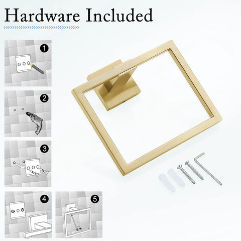 Brushed Gold Stainless Steel Towel Ring And Square Wall Mounted Towel Bar Set shown with installation hardware